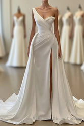 Charming White Long Mermaid One Shoulder Satin Beading Semi Formal Prom Dresses